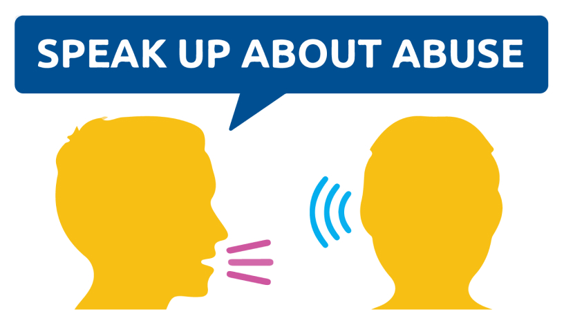 Graphic of two heads indicating speaking and listening. Above the heads, there are the words, SPEAK UP ABOUT ABUSE.